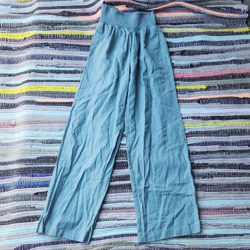 Love Tree Blue/ Green Wide-Leg Linen Blend Pants Stretch Waist Size Small euc Co